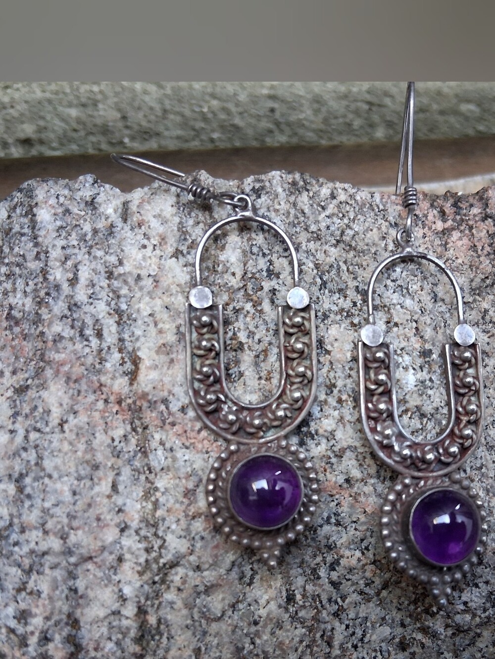 Vintage 925 Sterling Silver Amethyst Drop Earrings - Purple